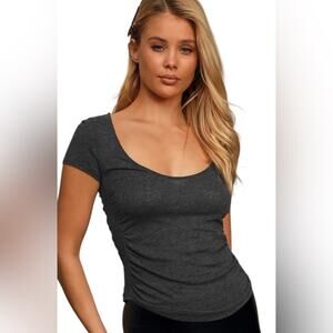 Free People We The Free Scoop Neck Gray Short Sleeve T-Shirt, Size L NWT